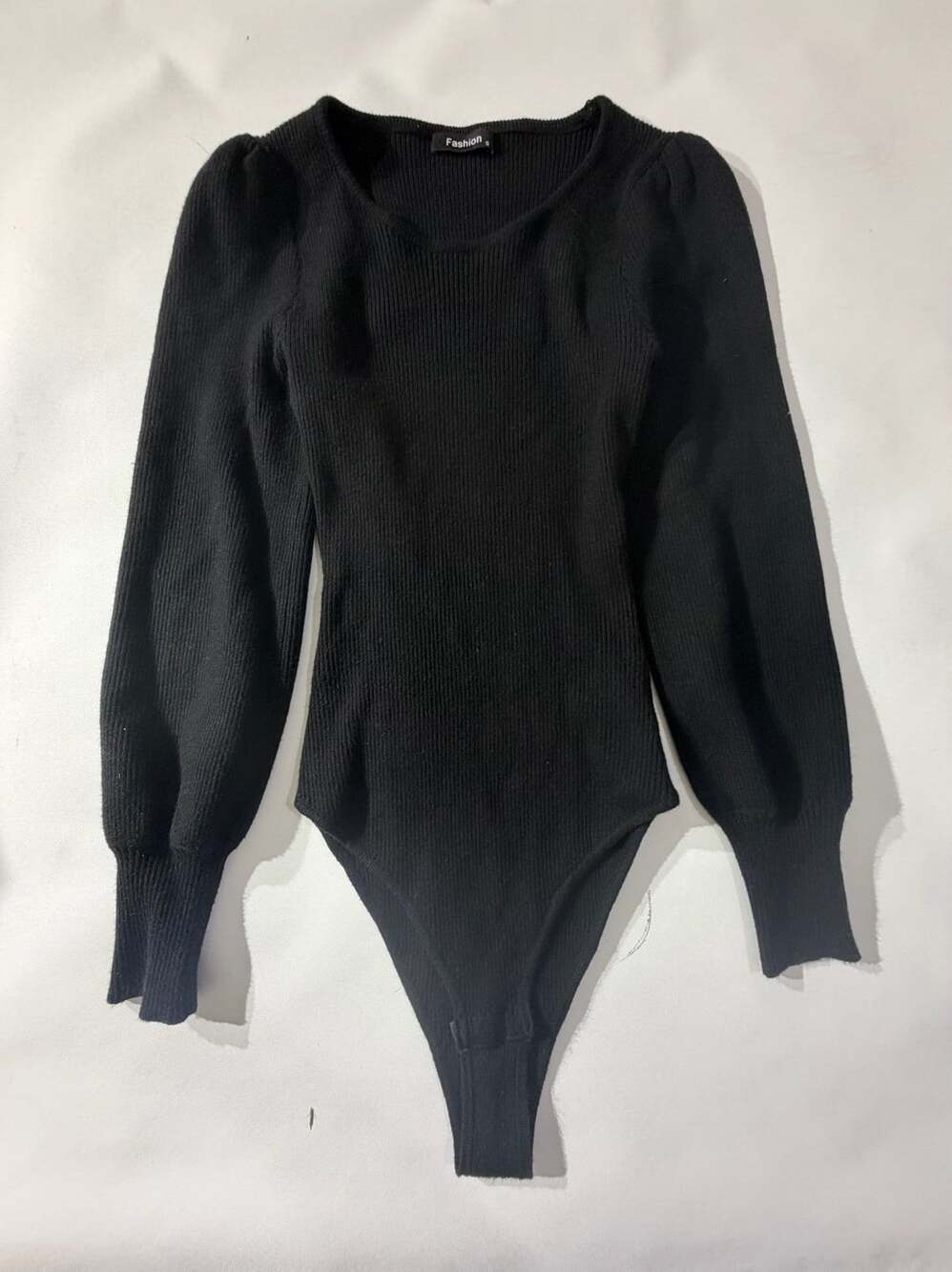 Fashion S Black Ribbed Knit Bodysuit Long Puff Sleeve Scoop Neck Basic Y2K